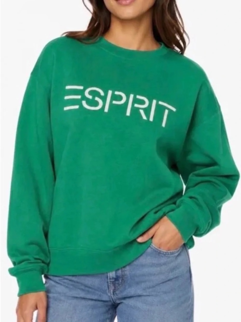 NWT Esprit Women's Logo Fleece Crewneck Green Viral 80's Vintage Inspired SMALL